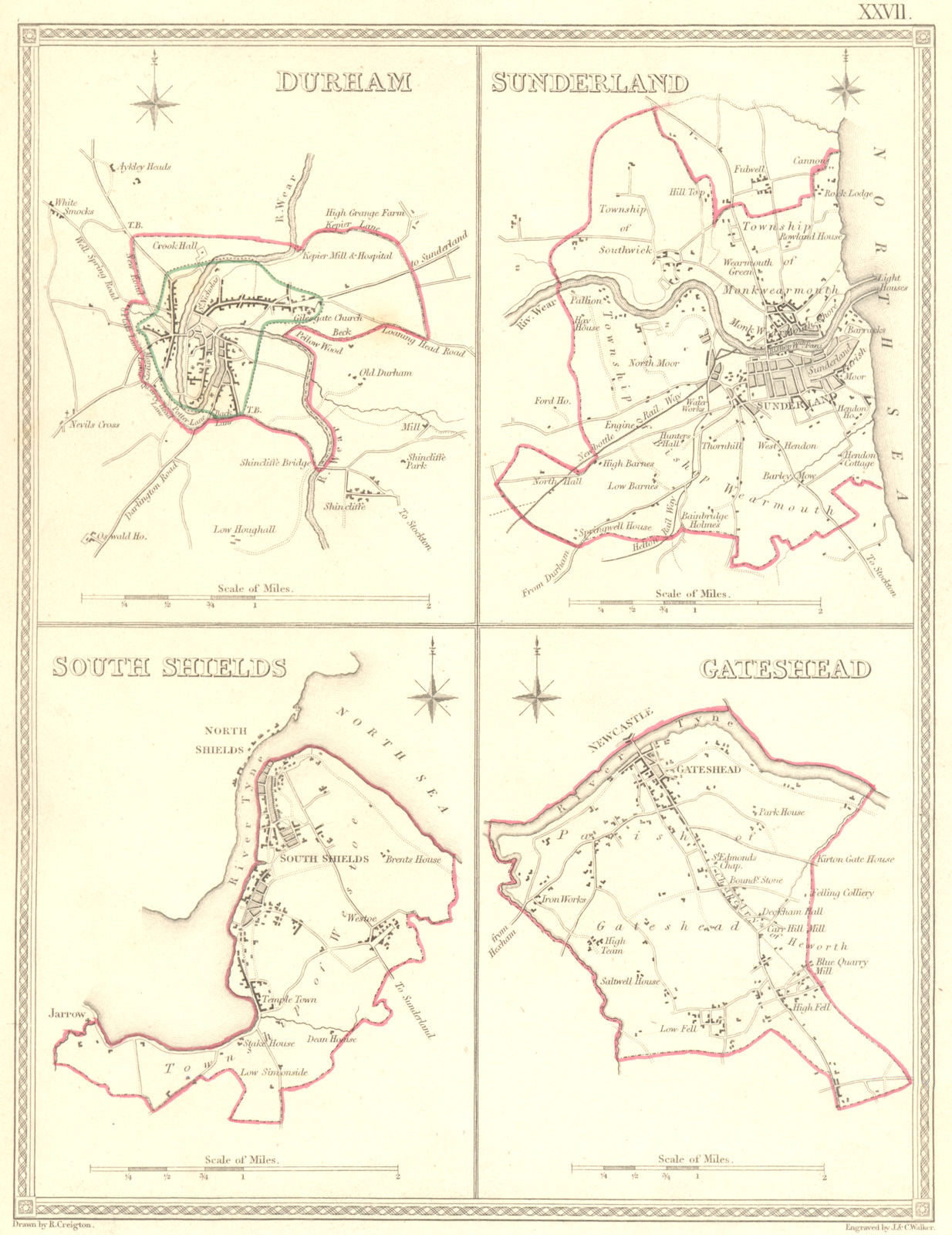 DURHAM; SUNDERLAND; SOUTH SHIELDS; GATESHEAD.  1835 old antique map plan chart